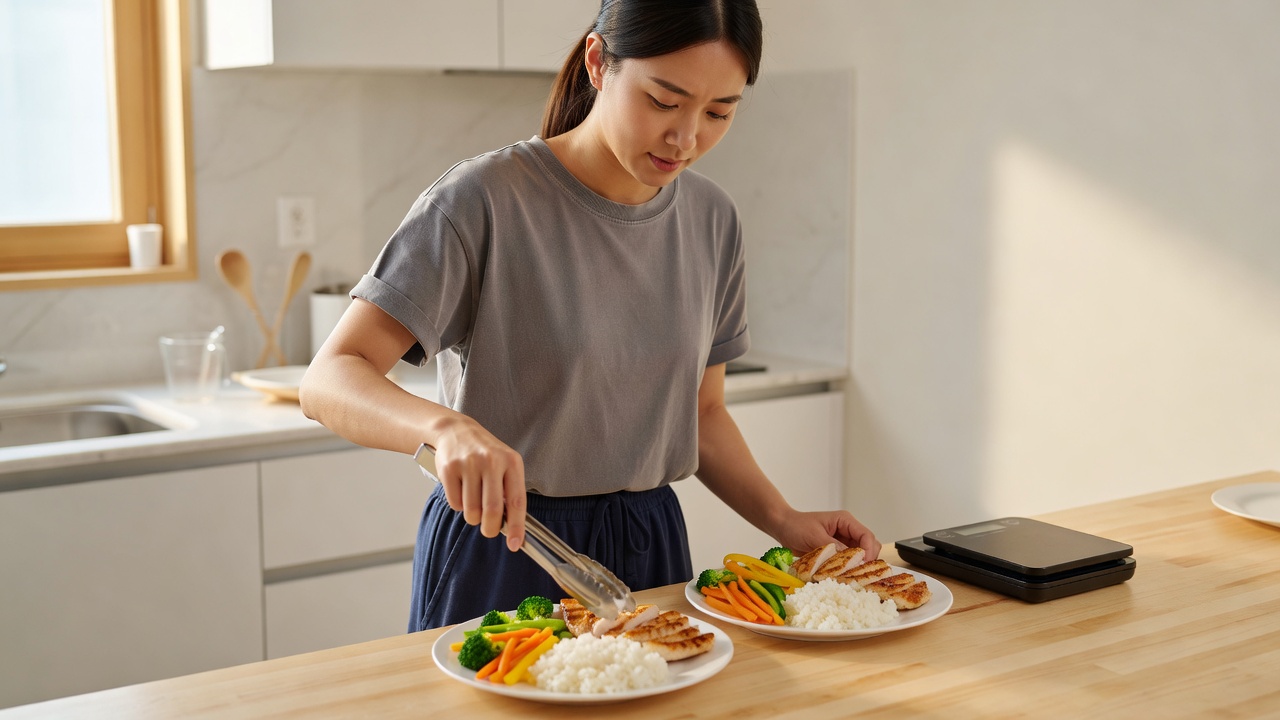 헬스 초보 식단 칼로리 계산을 준비하는 주방 장면